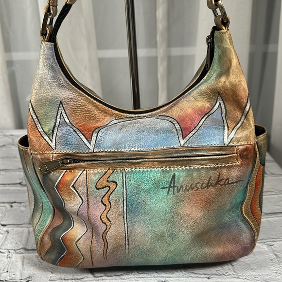 Anuschka Hand Painted Leather Purse Boho Hippie Handbag Tote India Abstract Art - Picture 5 of 16